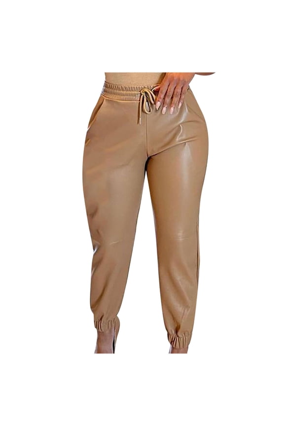 Women's Faux Leather Jogger Pants Mid Waist Elastic Cuff Casual Track Trousers Size S-XXXL