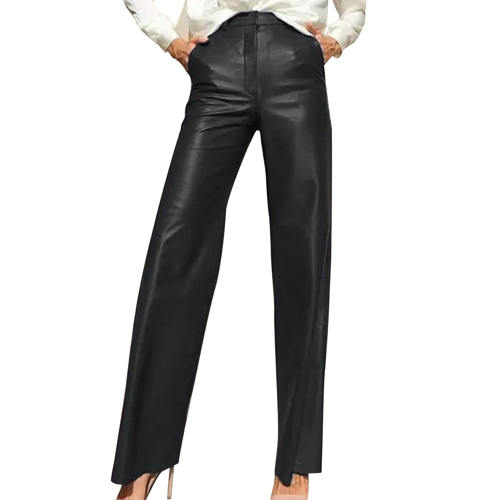 Yuanlook Women's Faux Leather Pants,Wide Leg High Waisted Straight Leg Slacks Comfy Leather Trousers