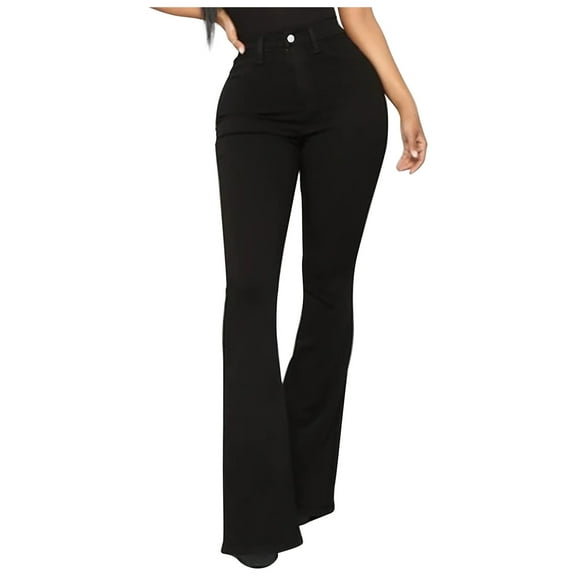 Yuanlook Women’s Flare Denim Jeans,High Waisted Button Up Bell Bottom Stretch Flared Leggings Pants - Black - XXL