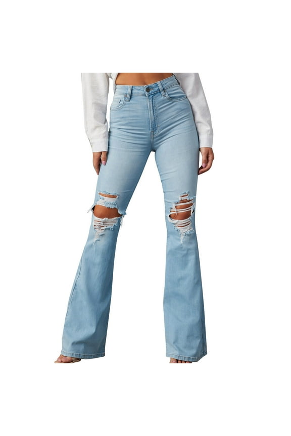 Women's Flared Jeans,Ripped Wide Leg Bell Bottom Denim Pants Comfy Loose Bootcut Leggings