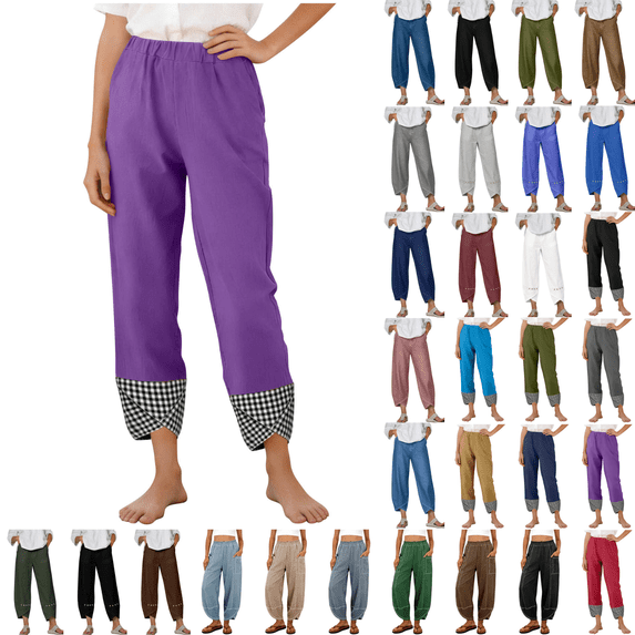 Yuanlook Women's Gingham Cuff Linen Blend Pants, Elastic Waist Side‑Pocket Cropped Trousers for Outing S‑XXL