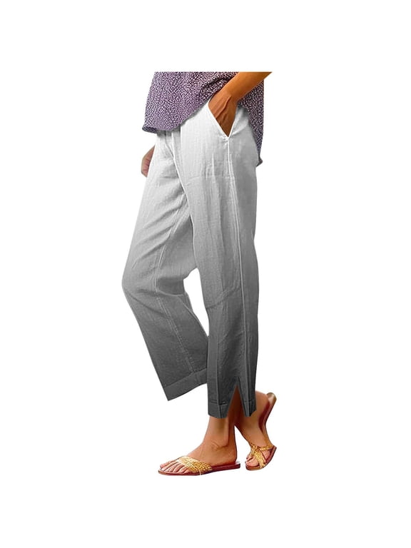Women's Gradient Split Side Straight Leg Pants Relaxed Fit Elastic Waisted Trousers with Pockets S-XXL