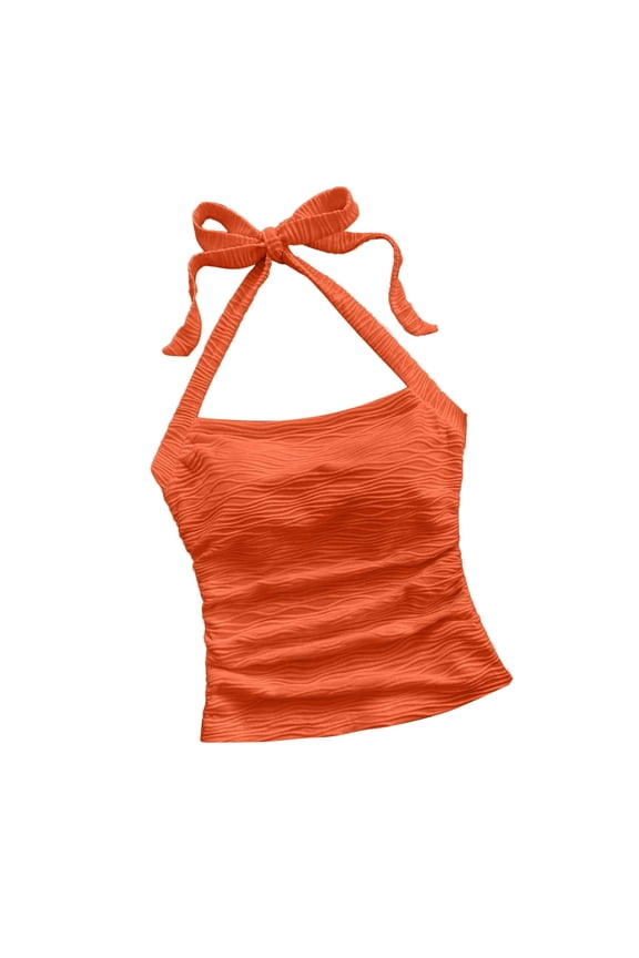 Women's Halter Tie Back Wavy Textured Ruched Crop Cami Top Size S-XL
