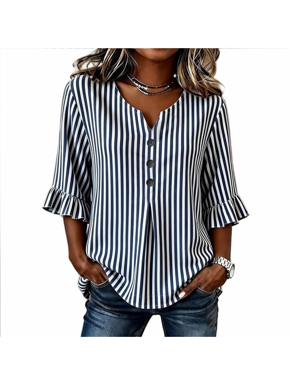 Women's Henley Half Button Vertical Stripe Ruffle Flare 3/4 Sleeve Linen Blouse, Woven Fabric Single Pocket Curved Hem Western Casual Top S-XXL