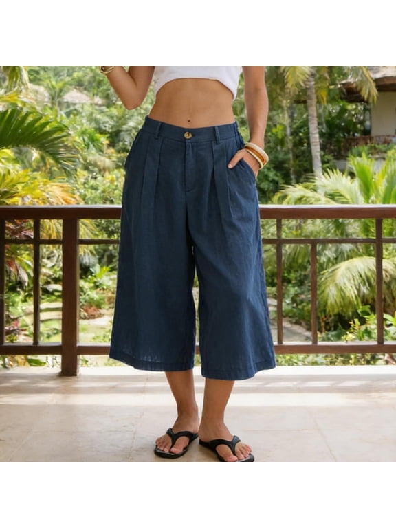 Women's High-Waist Pleated Linen-look Culotte Pants, Casual Cropped Wide Leg Trousers with Button Closure, S-XXXL