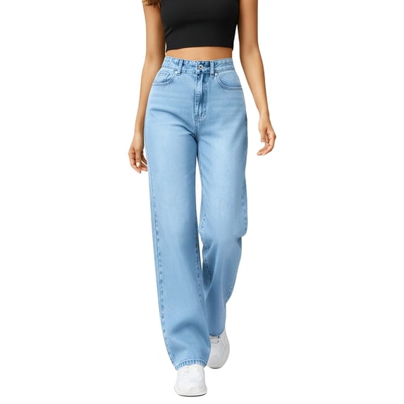 Yuanlook Women's High Waist Straight Leg Jeans Simple Office & Casual Denim Trousers Size S-XXL