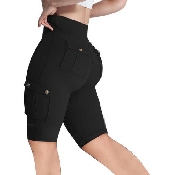 Yuanlook Women's High Waisted Workout Shorts, Cargo Pocket Compression Biker Shorts, S-XXL