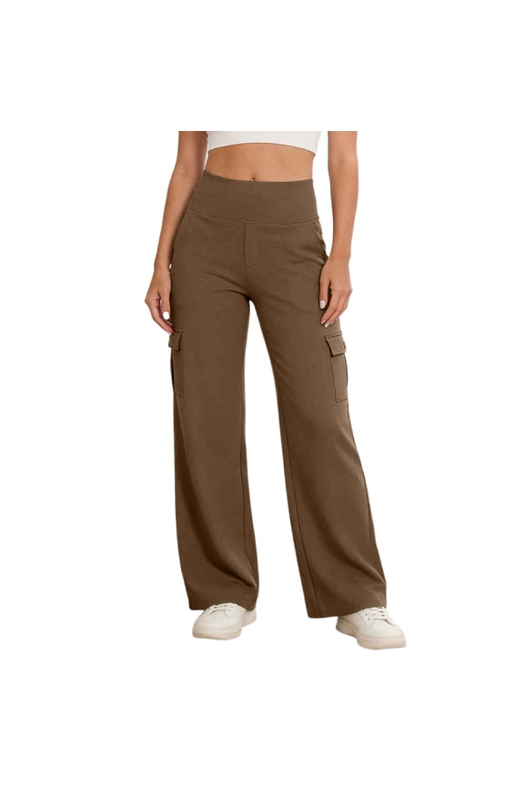 Women's High Wide Waistband Cargo Wide Leg Pants, Side Flap Pockets Stretch Knit Casual Work Trousers S-XXL