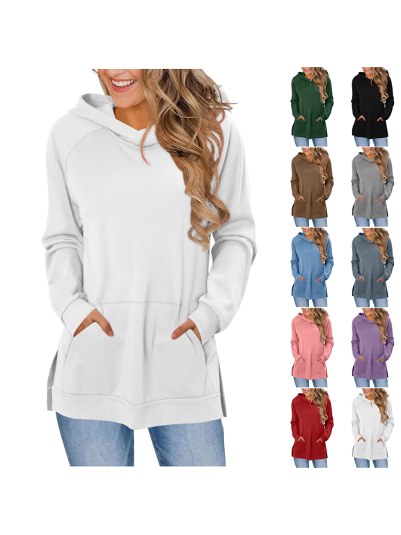 Women's Hooded Long Sleeve Tunic Sweatshirt, Kangaroo Pocket Side Split Hem Wrinkle Light Casual Daily Blouses S-XXL,Tops