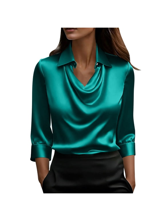 Women's Lapel Collar Cowl Draped 3/4 Cuffed Sleeve Satin Silky Blouse, Wrinkle Resistant Gloss Woven Business Office Casual Tunic Top S-XXL