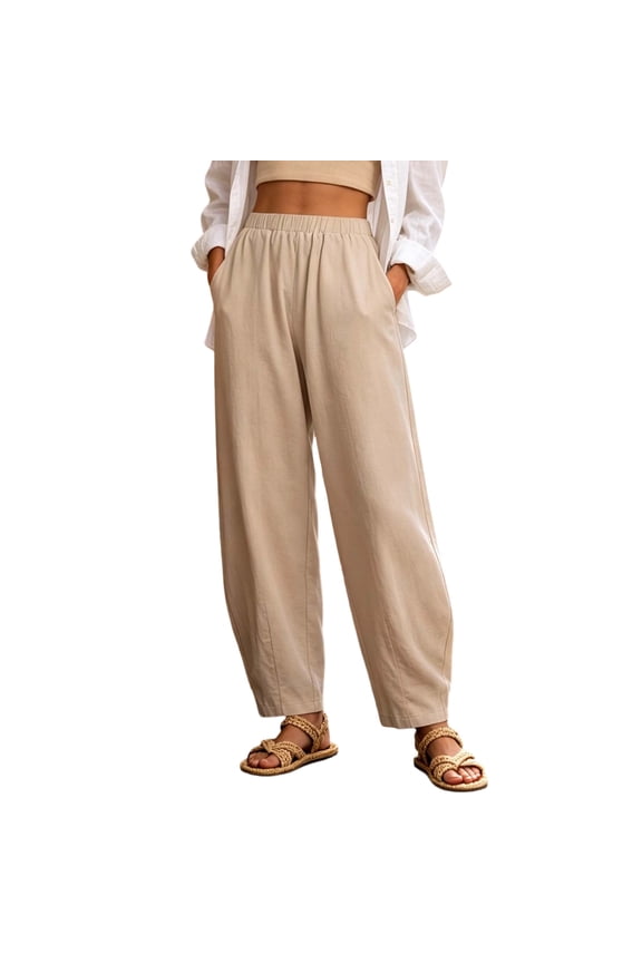 Women's Lightweight Crinkle Cropped Pants, Elastic Waist with Relaxed Fit, S-XXXL