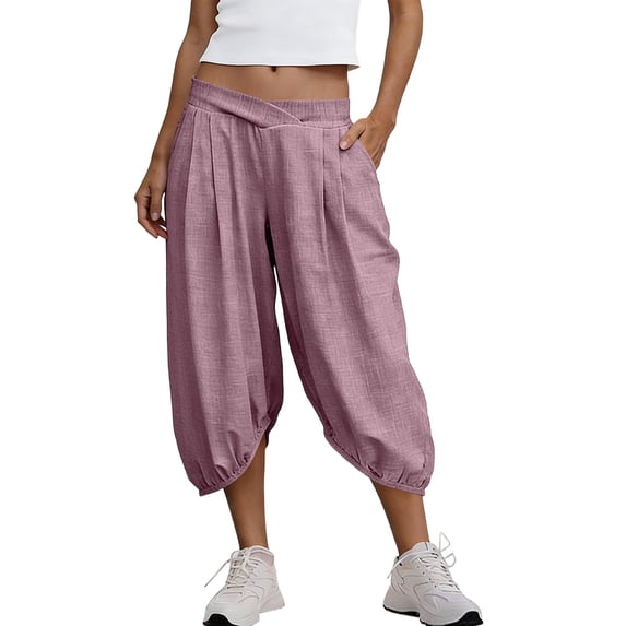 Yuanlook Women's Linen Cotton Balloon Capri Pants, Vacation Casual Cropped Trousers with Crossover Waist & Relaxed Fit, S-XXL