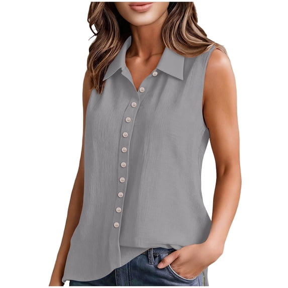 Yuanlook Women's Linen Cotton Blouse Collared Neck Button Down Sleeveless Casual Fit Size S-XXL