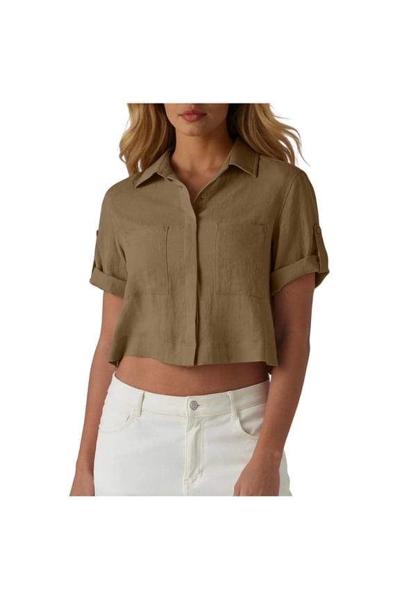 Women's Linen Cotton Cropped Rolled Cuff Collared Button Front Short Sleeve Blouse Everyday Top Size S-XXXL