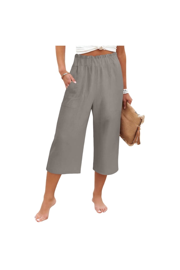 Women's Linen Cotton Culotte Pants, Vacation Casual Trousers with Ruffled Waist & Solid Color, S-XXL