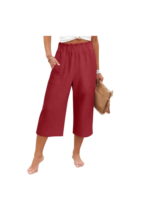 Women's Linen Cotton Culotte Pants, Vacation Casual Trousers with Ruffled Waist & Solid Color, S-XXL