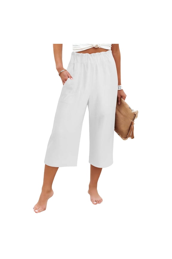 Women's Linen Cotton Culotte Pants, Vacation Casual Trousers with Ruffled Waist & Solid Color, S-XXL
