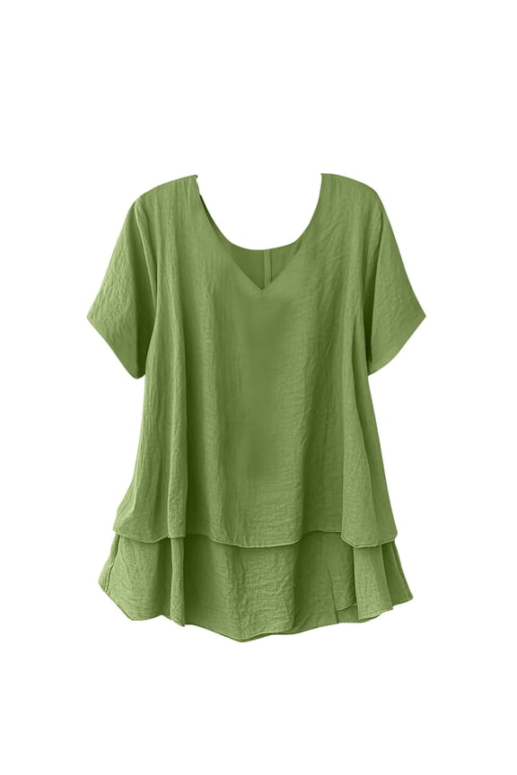 Women's Linen Cotton Swing Top V Neck Short Sleeve Double Layer Flowy Blouse Size S-XXL