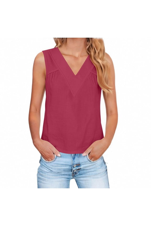 Women's Linen Cotton Tee V Neck Contrast Binding Ruched Detail Sleeveless Oversized Tank Size S-XXL