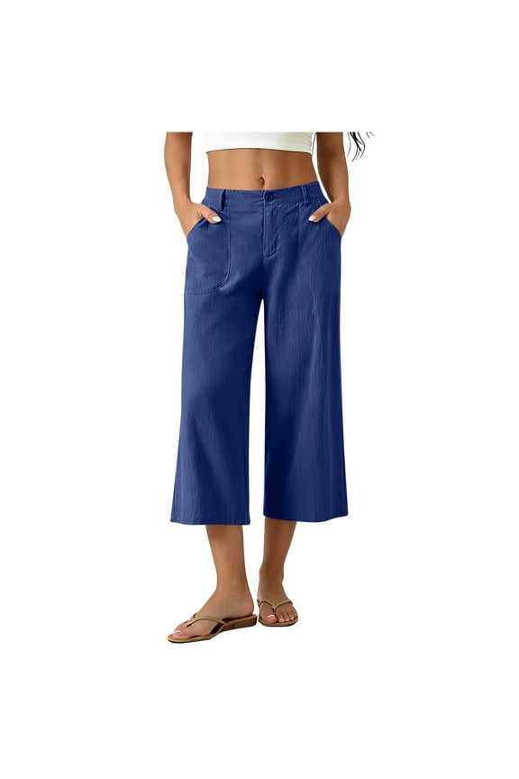 Women's Linen Cotton Versatile Wide-Leg Capri Pants, Cropped Trousers with Button Waist & Patch Pockets, S-XXL