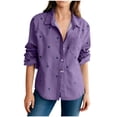 thumbnail image 1 of Yuanlook Women's Loose Fit Heart Embroidery Denim Shirt, Lapel Collar Roll Tab Long Sleeve Breathable Layered Daily Tops S-XXL, 1 of 7