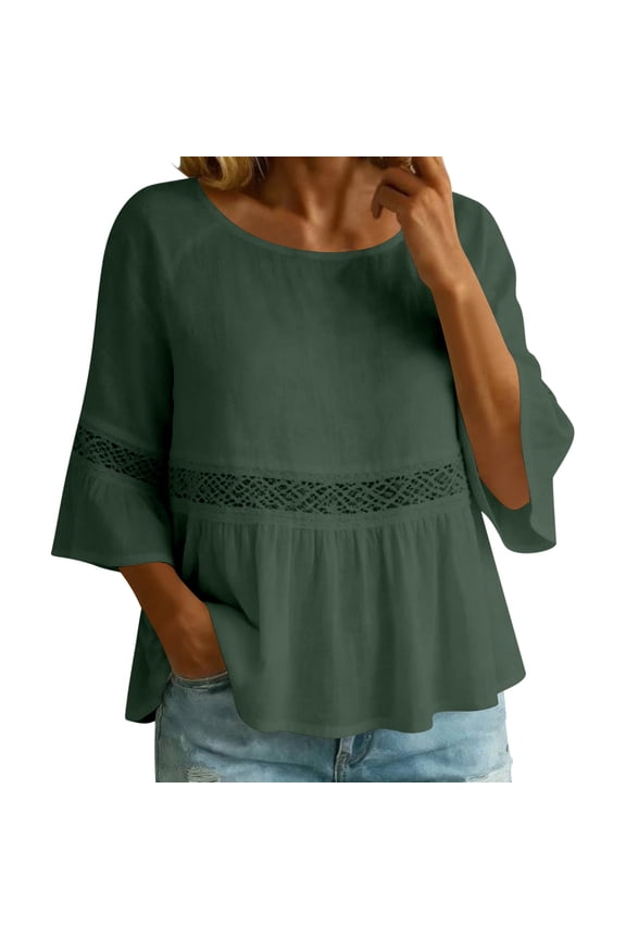 Women's Loose Simple Gathered Round Neck Blouse, Full Lace Trim Cuff Unprinted Front Mid Sleeve Linen Top S-XXL