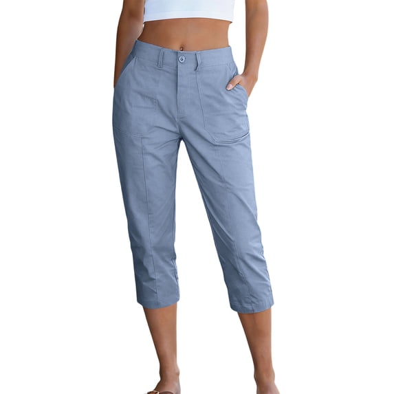 Yuanlook Women's Mid-Rise Button Fly Capri Pants, Casual Straight Leg Cropped Trousers with Side Pockets, S-XXXL