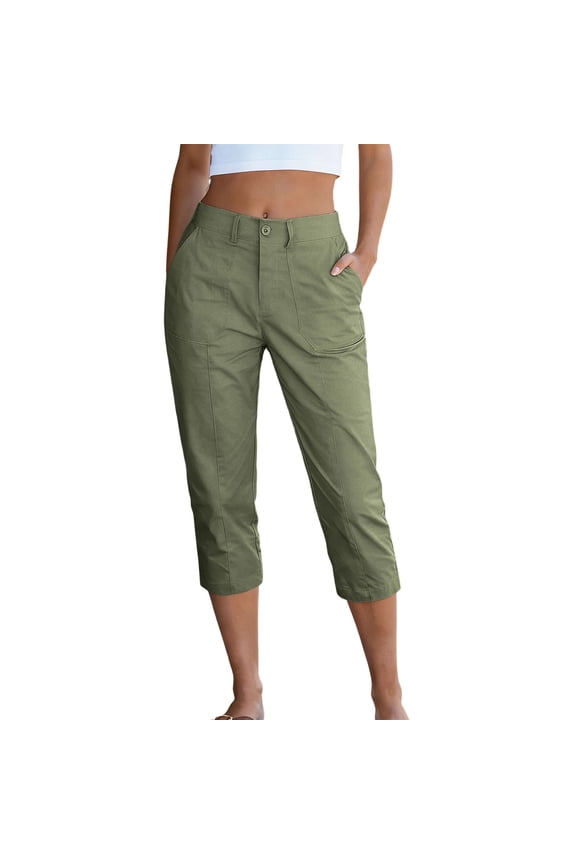 Women's Mid-Rise Button Fly Capri Pants, Casual Straight Leg Cropped Trousers with Side Pockets, S-XXXL