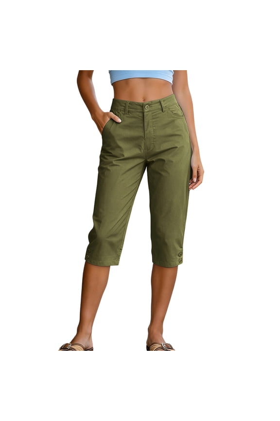 Women's Mid-Rise Button-Front Capri Pants, Casual Straight Leg Cropped Trousers with Button Cuffs, S-XXXL