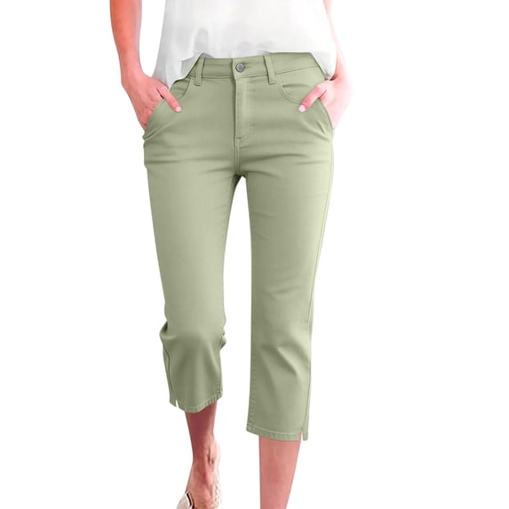Yuanlook Women's Mid-Rise Straight-Leg Capri Pants, Casual Cropped Denim Trousers with Button Closure & Side Slits, S-XXL