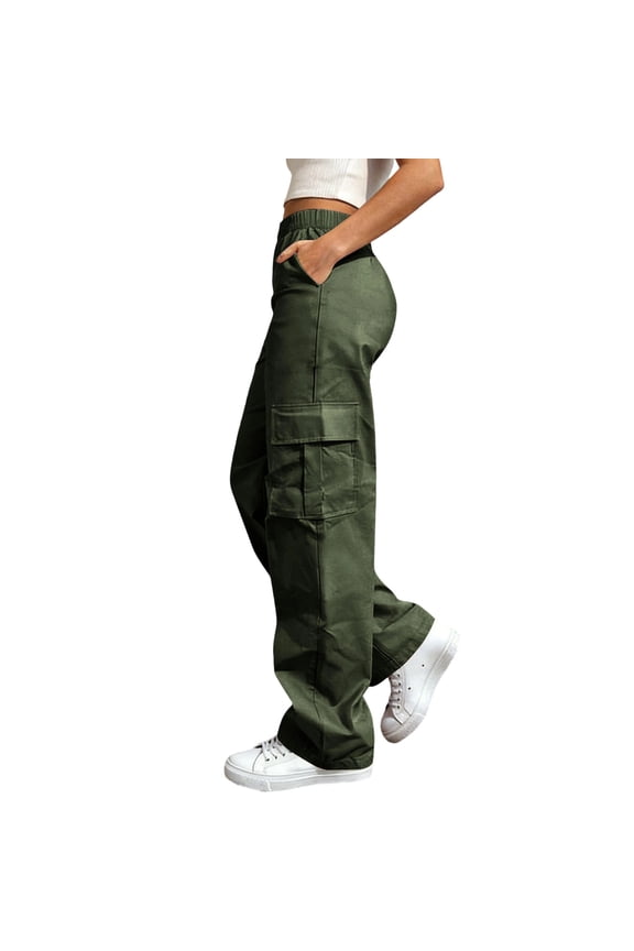 Women's Olive Green Elastic Waist Cargo Pants, Casual Streetwear Trousers with Multiple Pockets, S-XXXL