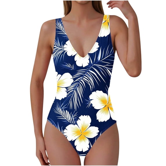 Yuanlook Women's One Piece Swimsuit Deep V Neck Hibiscus Floral Print High Cut Modest Full Coverage Bathing Suit Size S-XXL