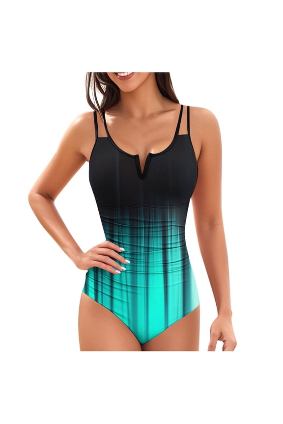 Women's One Piece Tummy Control Swimsuit Print Double Spaghetti Straps V Notch Neck Ruched Waist High Cut Bathing Suit Size S-XXL