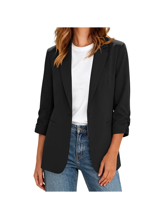 Women's Oversized Simple Notched Lapel Blazer, Elastic Ruched Cuff Blank Inner Daily Elegant Street Top S-XXXL