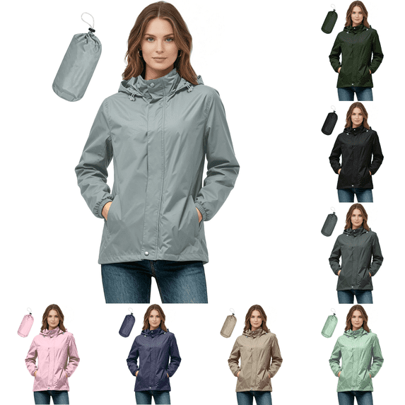 Yuanlook Women's Packable Hooded Rain Jacket, Lightweight Waterproof Windbreaker Adjustable Drawstring Cuff Pocket Outdoor Coat S-XXXL Tops