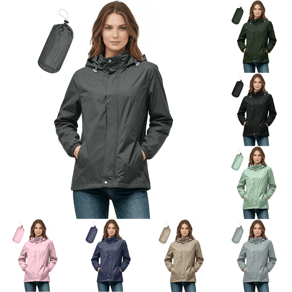 Yuanlook Women's Packable Hooded Rain Jacket, Lightweight Waterproof Windbreaker Adjustable Drawstring Cuff Pocket Outdoor Coat S-XXXL Tops