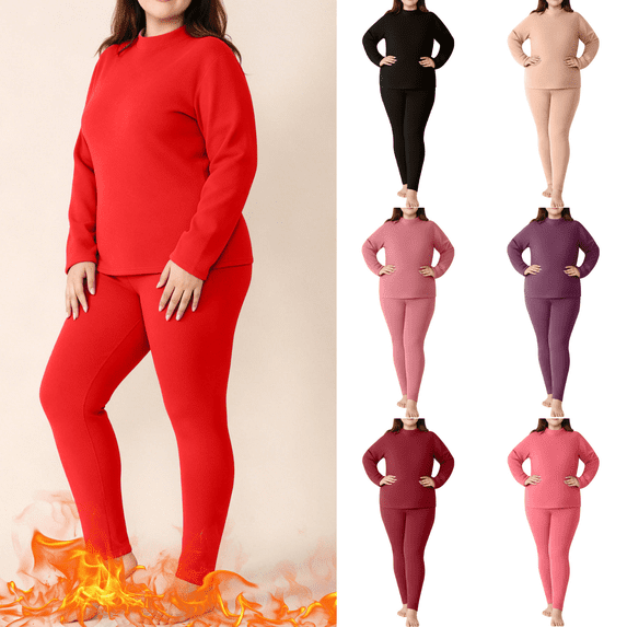 Yuanlook Women's Plus Size 2 Piece Thermal Underwear Set, Mock Neck Long Sleeve Fleece Lined Base Layer Top and High Waist Thermal Leggings for Cold Weather Daily Layering S‑4XL