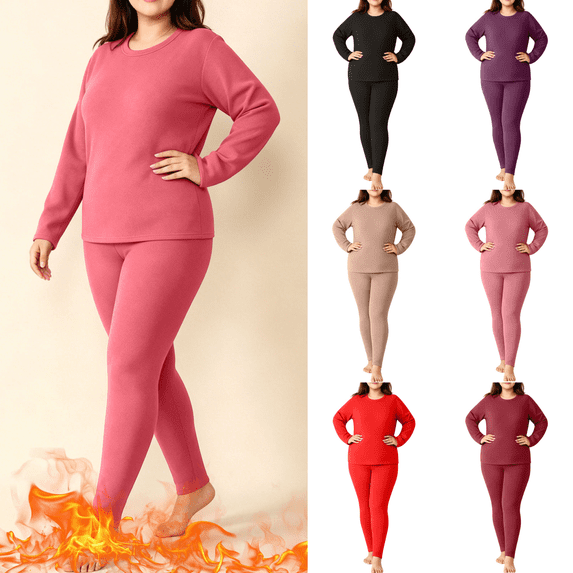 Yuanlook Women's Plus Size 2 Piece Thermal Underwear Set, Round Neck Long Sleeve Fleece Lined Base Layer Top and High Waist Thermal Leggings for Cold Weather Daily Layering S‑6XL