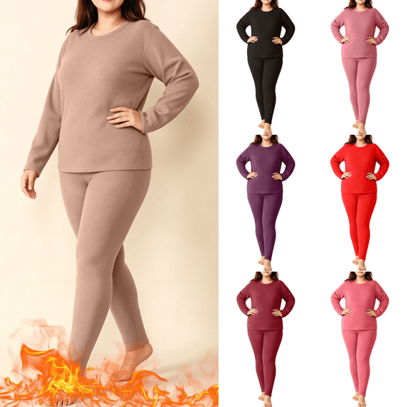 Yuanlook Women's Plus Size 2 Piece Thermal Underwear Set, Round Neck Long Sleeve Fleece Lined Base Layer Top and High Waist Thermal Leggings for Cold Weather Daily Layering S‑6XL