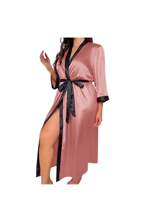 Women's Plus Size Contrast Trim Satin Robe, 3/4 Sleeve Open Front Long Sleepwear Robe XL-5XL