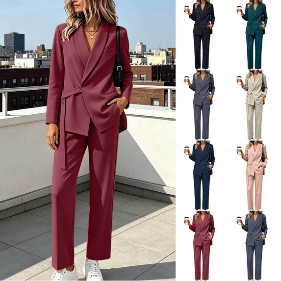 Yuanlook Women's Plus Size Coordinated Workwear Suit Set, Shawl Lapel Single Button Blazer and High rise Straight Pants for Office Wear and Social Events M‑5XL