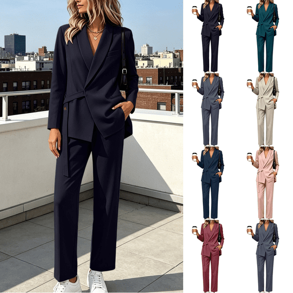 Yuanlook Women's Plus Size Coordinated Workwear Suit Set, Shawl Lapel Single Button Blazer and High rise Straight Pants for Office Wear and Social Events M‑5XL