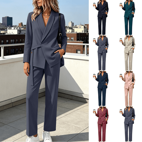 Yuanlook Women's Plus Size Coordinated Workwear Suit Set, Shawl Lapel Single Button Blazer and High rise Straight Pants for Office Wear and Social Events M‑5XL