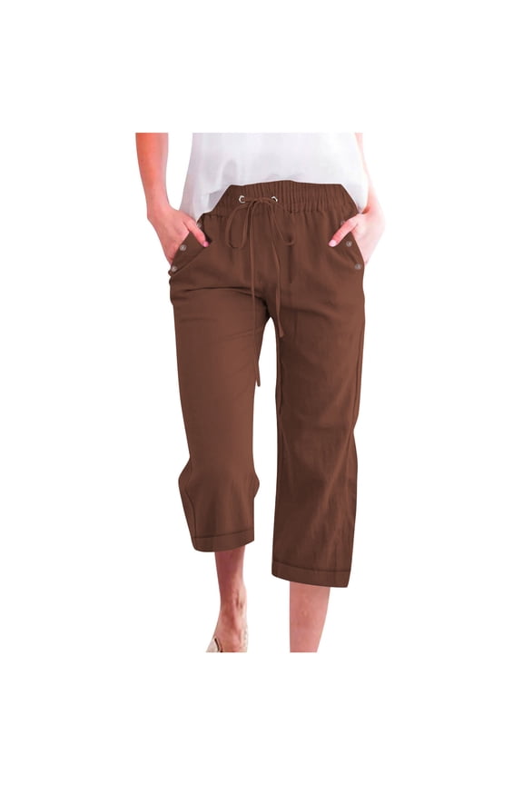 Women's Plus Size Drawstring Elastic Waist Capri Pants, Twill Woven Rivet Decor Pockets Cuffed Hem Casual Summer Cropped Trousers S-5XL
