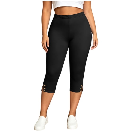 Yuanlook Women's Plus Size Elastic Waist Slim Fit Capri Yoga Leggings, Soft Stretch Knit Button Slit Cuff Casual Daily Cropped Trousers L-5XL