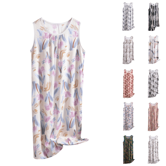 Yuanlook Women's Plus Size Floral Print Sleeveless Sleep Dress, Round Neck Gathered Pleat Design Loose Breathable Midi Tank Nightgown Loungewear XL-6XL