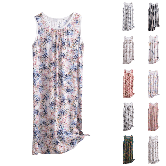 Yuanlook Women's Plus Size Floral Print Sleeveless Sleep Dress, Round Neck Gathered Pleat Design Loose Breathable Midi Tank Nightgown Loungewear XL-6XL