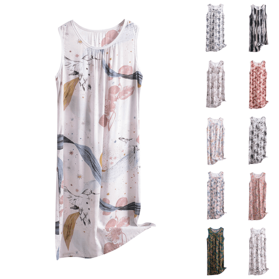Yuanlook Women's Plus Size Floral Print Sleeveless Sleep Dress, Round Neck Gathered Pleat Design Loose Breathable Midi Tank Nightgown Loungewear XL-6XL