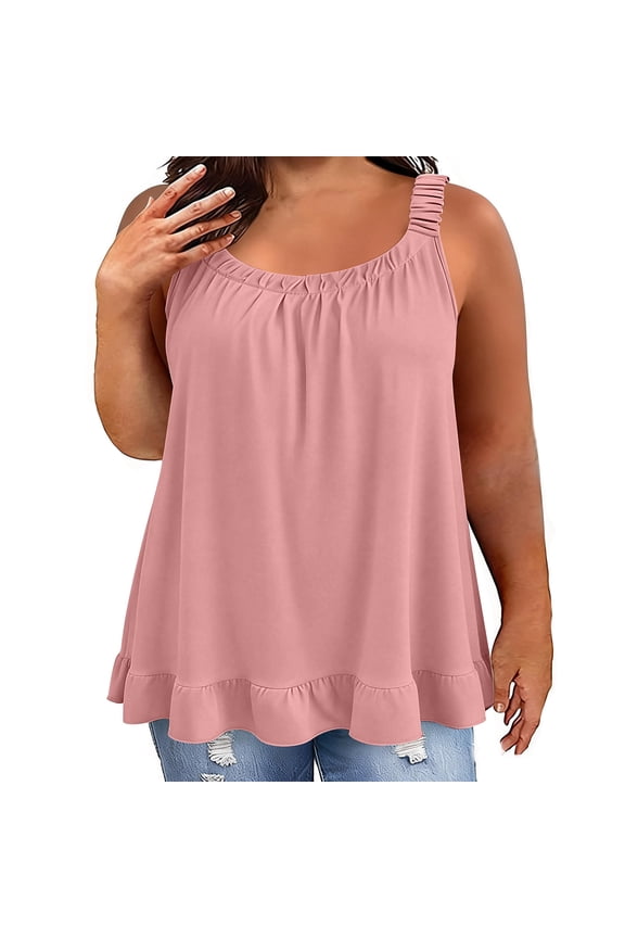 Women's Plus Size Flowy Cami Top Sleeveless Ruched Bust Ruffle Trim Casual Tank Top