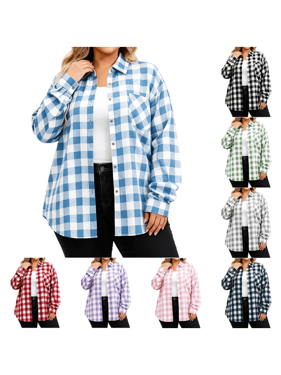 Women's Plus Size Gingham Plaid Button Down Shirts, Collar Long Sleeve Loose Fit Casual Blouses for Weekend Outing L-5XL